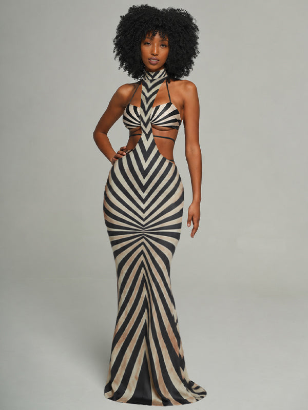 Printed Cutout Halter Maxi Dress