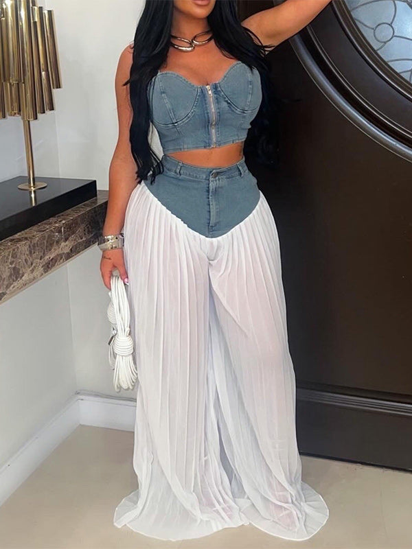 Denim Cami Top & Pleated Combo Pants Set