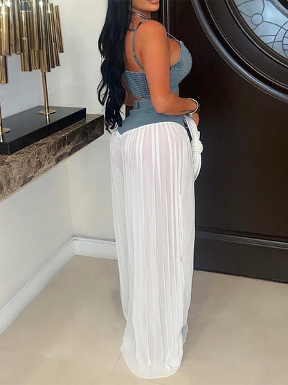 Denim Cami Top & Pleated Combo Pants Set