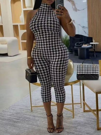 Houndstooth Halter Capri Jumpsuit