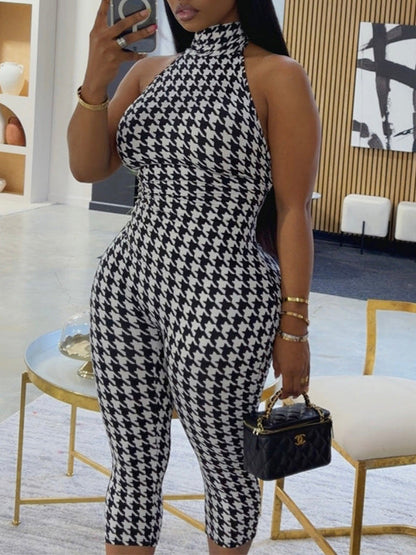 Houndstooth Halter Capri Jumpsuit