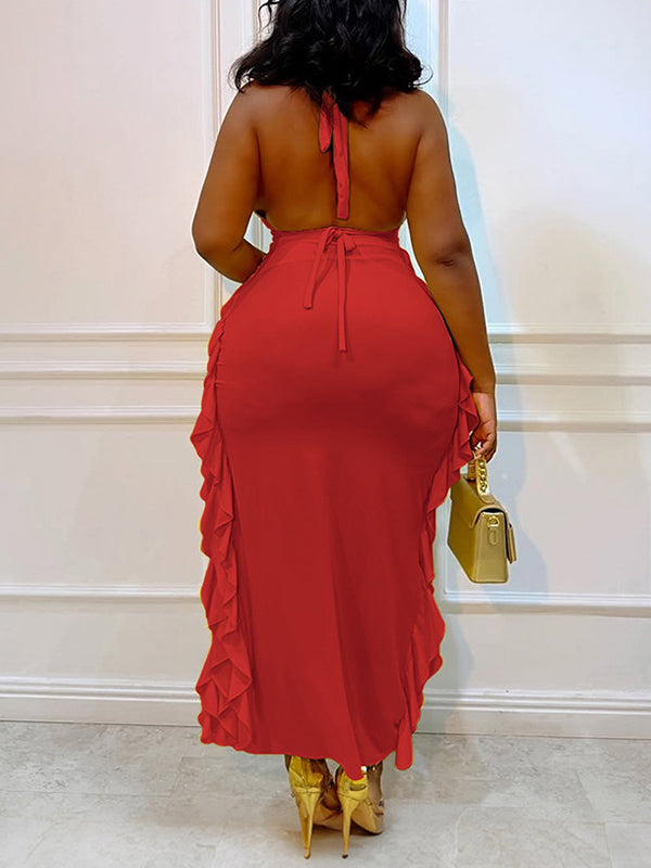 High-Low Ruffle Halter Dress