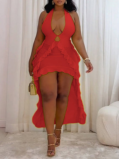 High-Low Ruffle Halter Dress