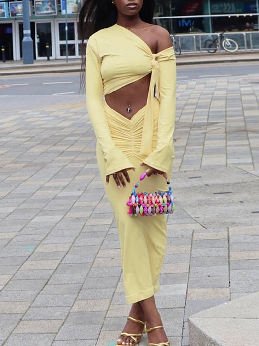 Solid Boat-Neck Top & Ruched Skirt Set