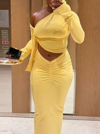 Solid Boat-Neck Top & Ruched Skirt Set