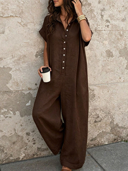 Button-Front Wide-Leg Jumpsuits