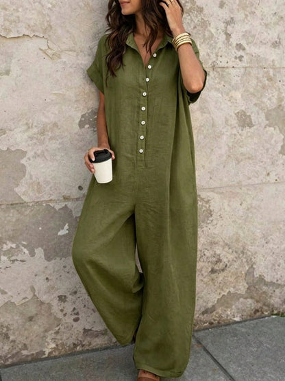 Button-Front Wide-Leg Jumpsuits