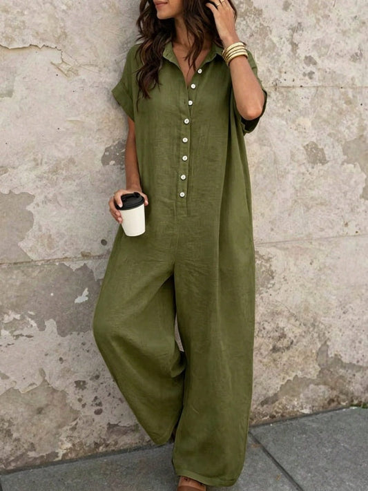 Button-Front Wide-Leg Jumpsuits