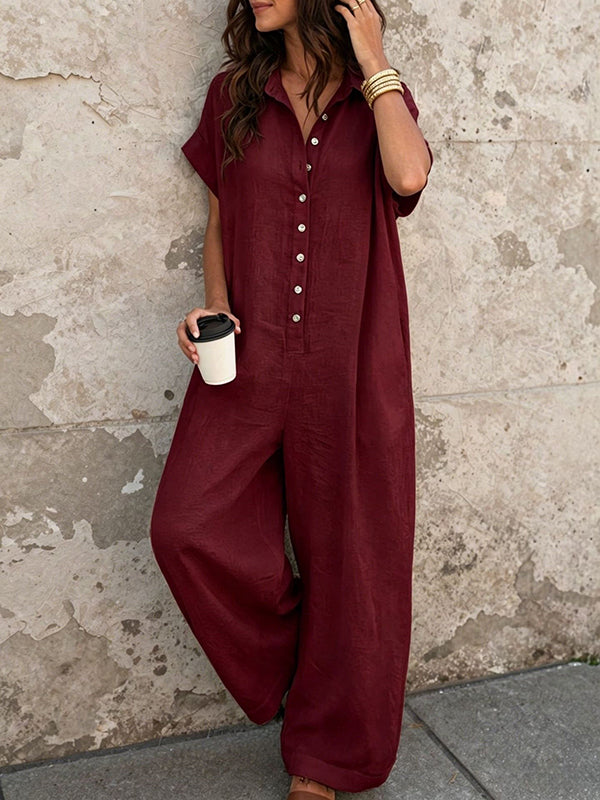 Button-Front Wide-Leg Jumpsuits