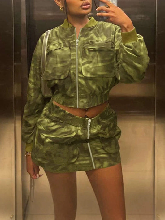 Zip-Front Cargo Jacket & Skirt Set