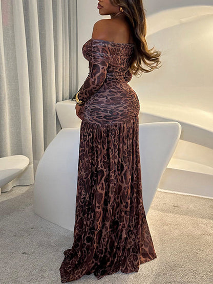Leopard Off-Shoulder Slit Dress
