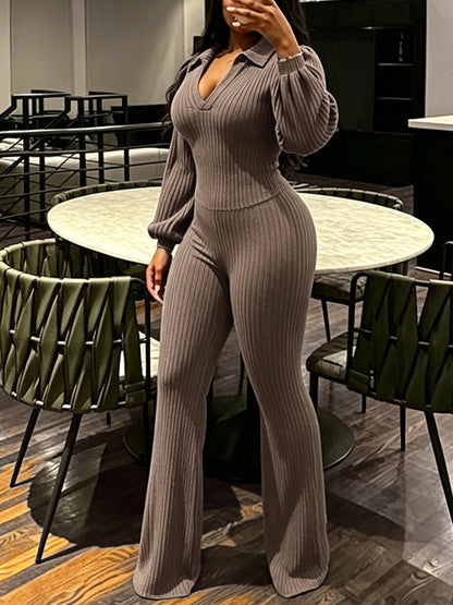 Ribbed Puff-Sleeve Polo Top & Pants Set