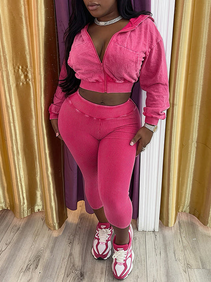 Wash Zip-Front Hoodie & Capri Pants Set