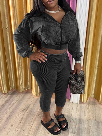 Wash Zip-Front Hoodie & Capri Pants Set