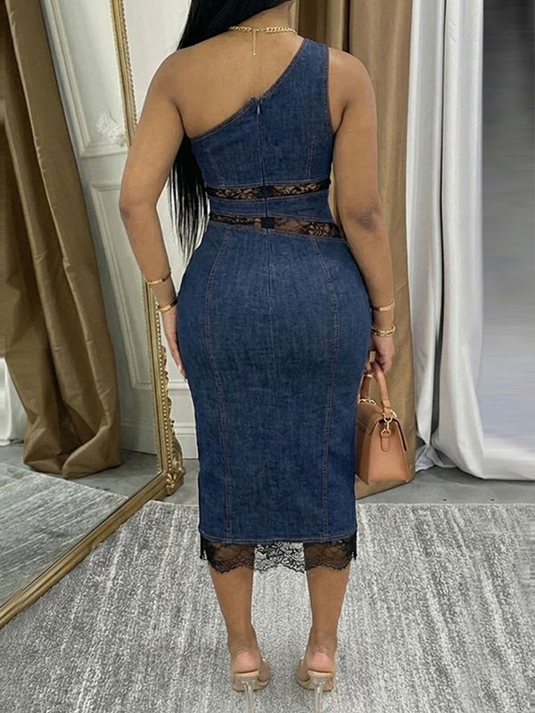 Lace-Combo One-Shoulder Denim Dress