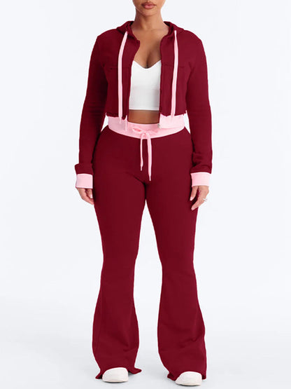 Contrast Zip-Front Hoodie & Pants Set