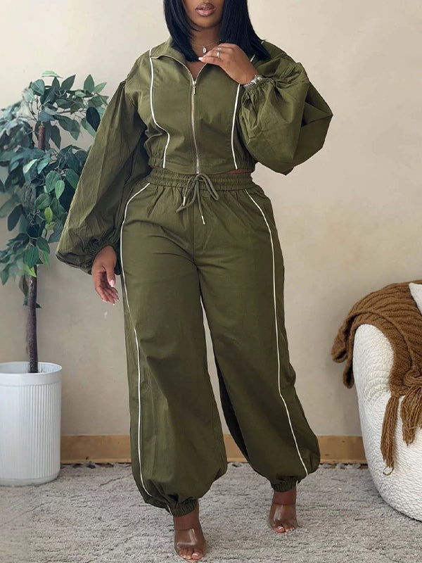 Stripe Puff-Sleeve Jacket & Pants Set