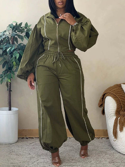 Stripe Puff-Sleeve Jacket & Pants Set
