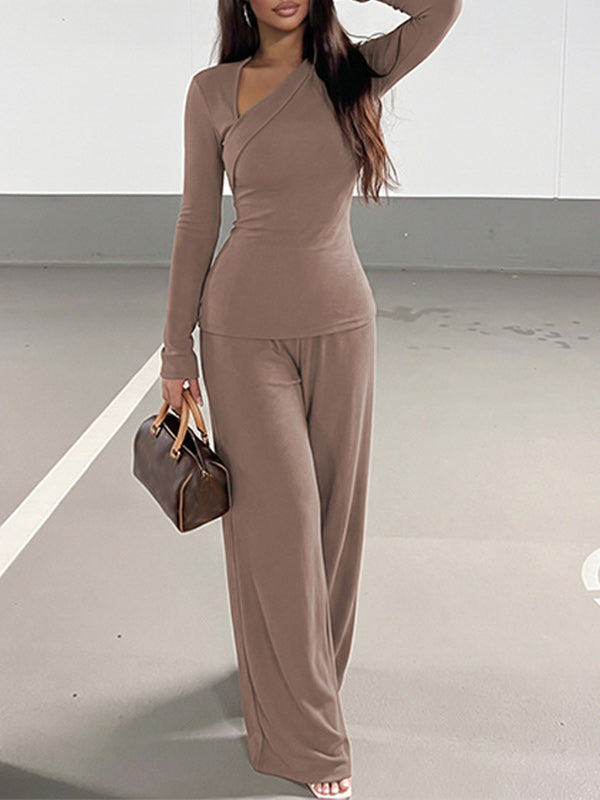 Asymmetric-Neck Top & Pants Set