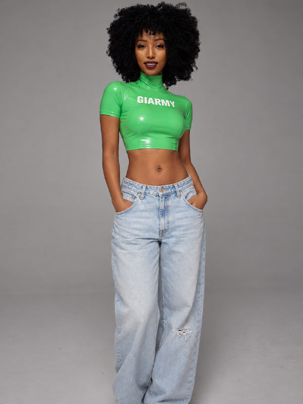 Letter-Print Faux-Leather Crop Top