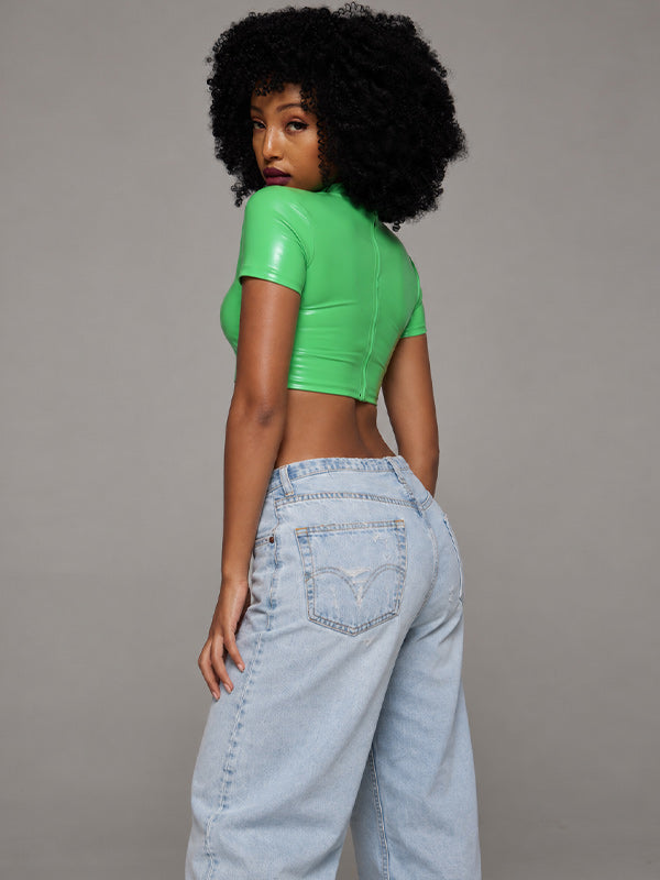 Letter-Print Faux-Leather Crop Top