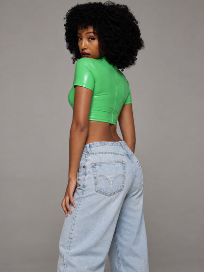 Letter-Print Faux-Leather Crop Top