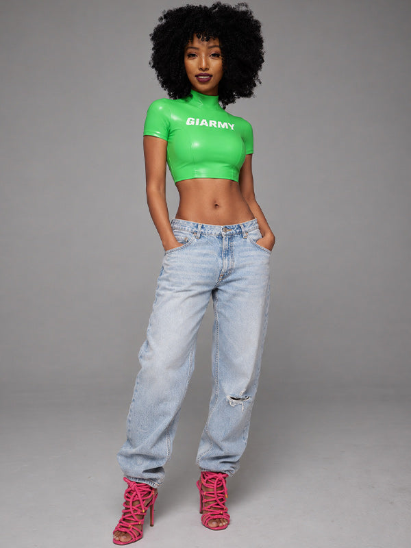 Letter-Print Faux-Leather Crop Top