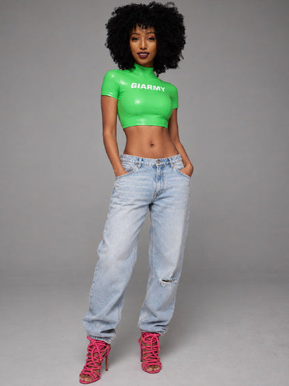 Letter-Print Faux-Leather Crop Top