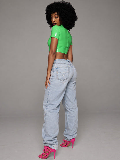 Letter-Print Faux-Leather Crop Top