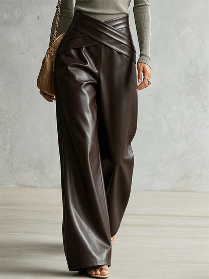 Cross-Waist Faux-Leather Pants