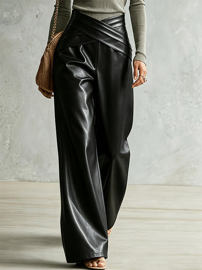 Cross-Waist Faux-Leather Pants