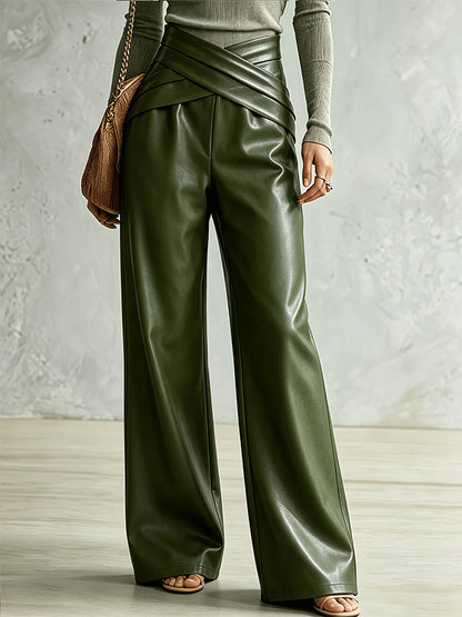 Cross-Waist Faux-Leather Pants