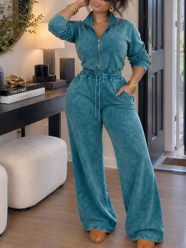 Wash Zip-Front Drawstring Jumpsuit