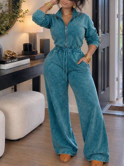 Wash Zip-Front Drawstring Jumpsuit