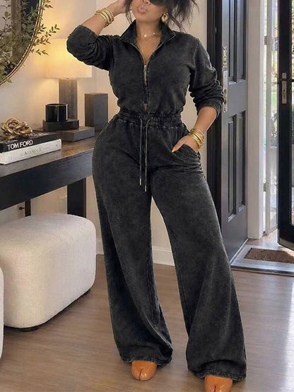Wash Zip-Front Drawstring Jumpsuit