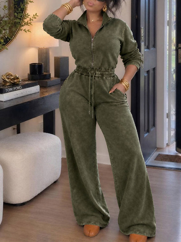 Wash Zip-Front Drawstring Jumpsuit
