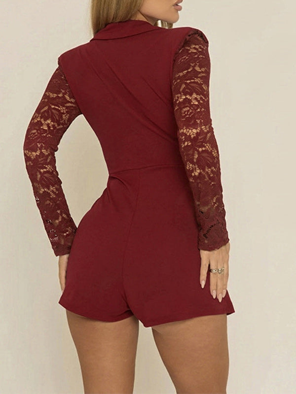 V-Neck Lace Sleeve Blazer Romper