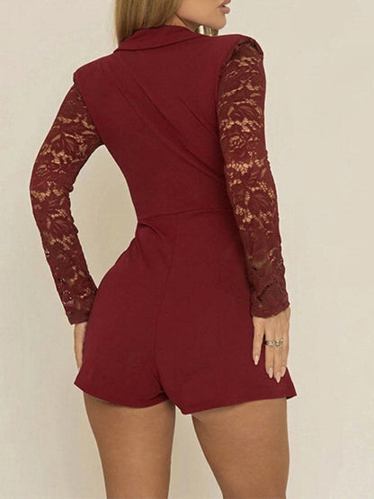 V-Neck Lace Sleeve Blazer Romper