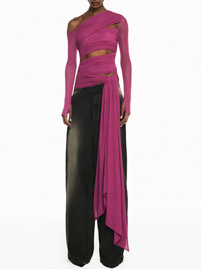 Draped One-Shoulder Cutout Top