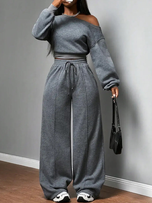 Boat-Neck Sweatshirt & Wide Leg Pants Set