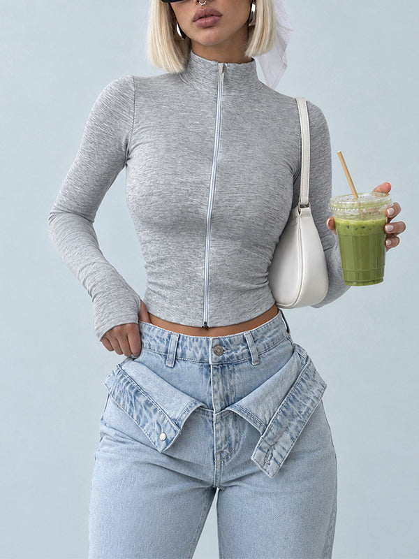 Solid Zip-Front Long Sleeve Top