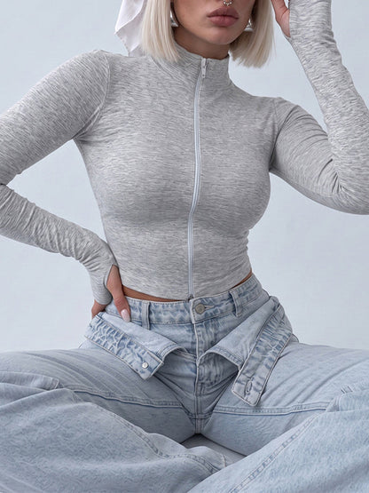 Solid Zip-Front Long Sleeve Top