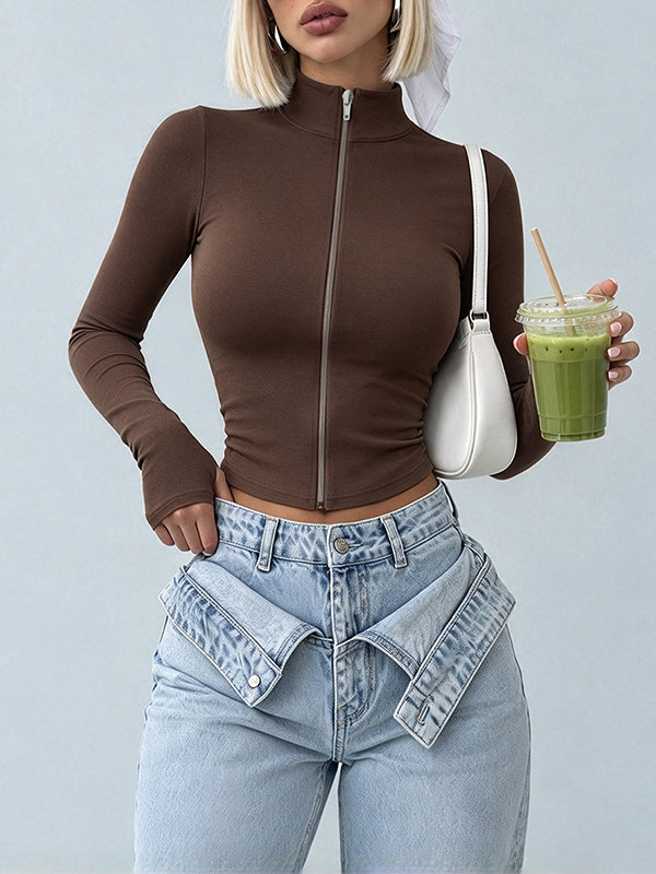 Solid Zip-Front Long Sleeve Top