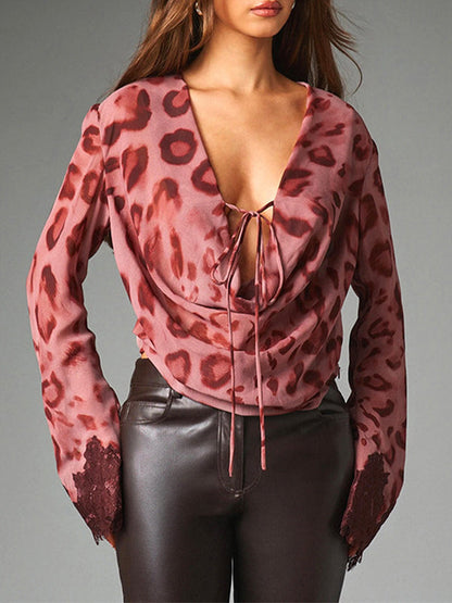 Print Cowl-Neck Tied Lace-Combo Top
