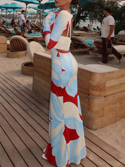 Floral-print V-neck Backless Bodycon Dress