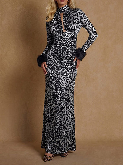 Faux-Fur Combo Leopard-print Mock-Neck Dress