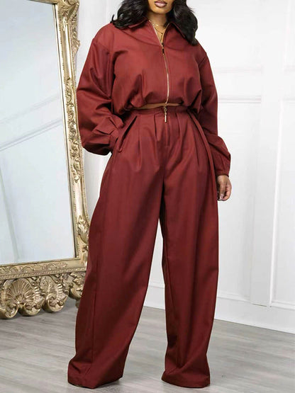 Zip-Front Jacket & Wide-Leg Pants Set
