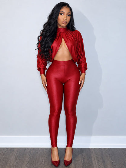 Mock-Neck Crop Top & Skinny Pants Set
