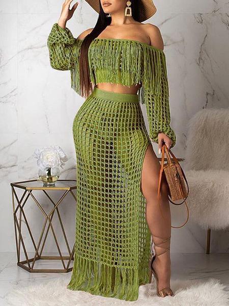 Crochet Mesh Tassels Crop Top & Skirt Set Army Green