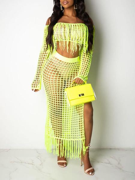 Crochet Mesh Tassels Crop Top & Skirt Set Lime